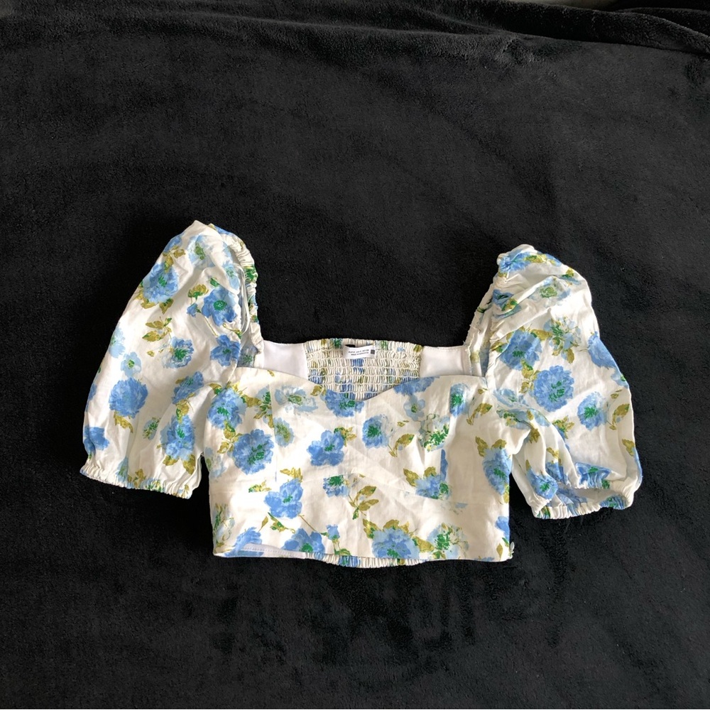 ZARA Floral Puff-Sleeve Crop Top - Blue/White